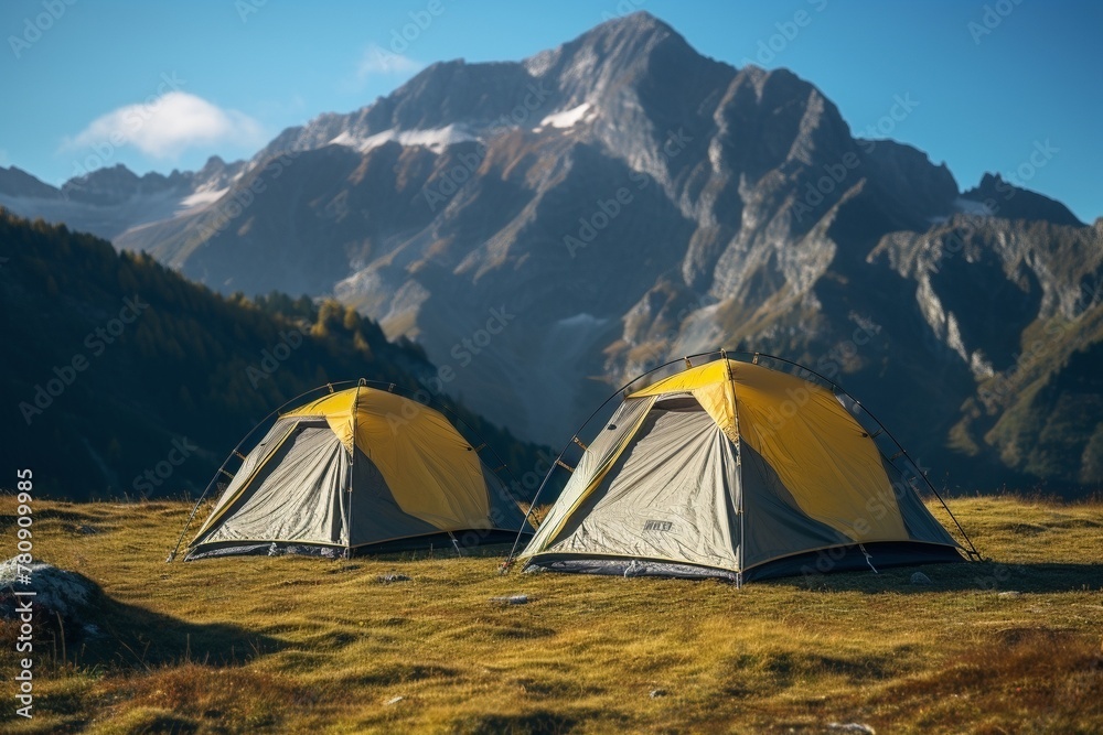 Two tourist tents stand in the mountains in nature. Concept: tourism and recreation
