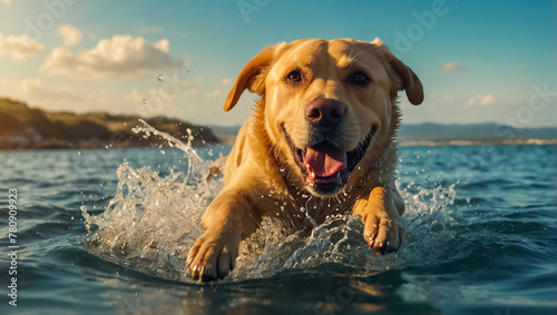 cute dog bathes in the sea, splashes, summer