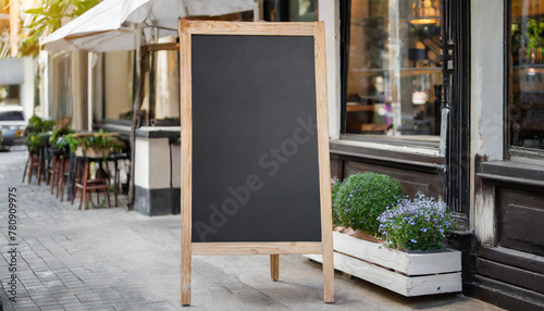 Blackboard sign at restaurant entrance, blank for menu or specials. Inviting customers with customizable offerings