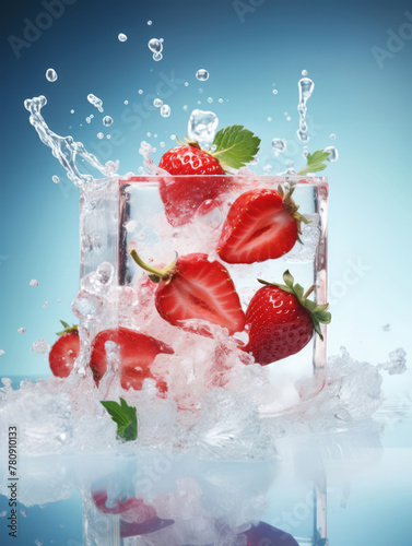 Fresh wet strawberry and ice cubes on black backgrounFresh wet strawberry and ice cubes and water splashes on light blue backgrod. Juice fruit. Creative berries concept. Vegan food. Flat lay, top view