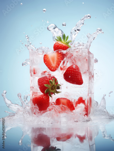 Fresh wet strawberry and ice cubes and water splashes on light blue background. Juice fruit. Creative berries concept. Vegan food. Flat lay, top view