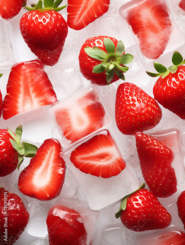 Fresh wet ripe strawberry and ice cubes background. Juice fruit. Flat lay, top view. Berries organic concept. Colorful fruit pattern. 