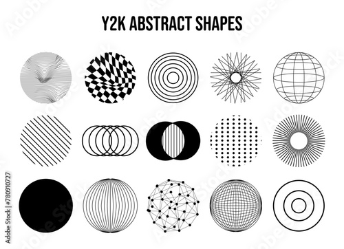 Set of abstract aesthetic geometric round y2k elements and wireframe shapes. Retro line design elements. Vector illustration for social networks or posters on a white background. EPS 10.