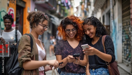 Wallpaper Mural Three happy young friends watching a smart phone mobile outdoors - Millennials women using cellphone on city street - Technology, social, friendship and youth concept. looking at their phone Torontodigital.ca