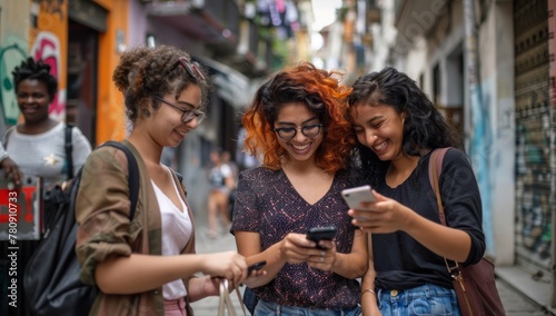 Three happy young friends watching a smart phone mobile outdoors - Millennials women using cellphone on city street - Technology  social  friendship and youth concept. looking at their phone