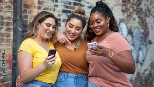 Three happy young friends watching a smart phone mobile outdoors - Millennials women using cellphone on city street - Technology, social, friendship and youth concept. looking at their phone © MD Media