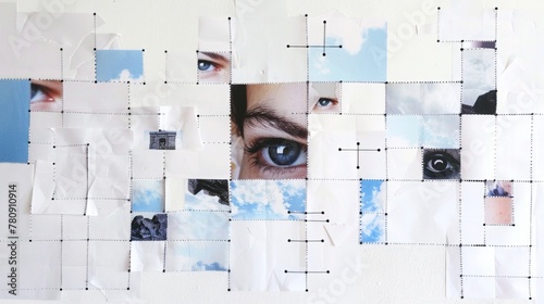 square printed photographs of rocks and eyes sewn together, black threads, bead elements