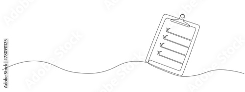 Continuous clipboard line drawing with checklist, to-do list, testing and reporting concepts. Simple linear style illustration with editable strokes. Vector illustration.