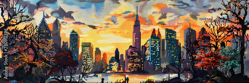 Intricate Cross Stitch Artwork Depicting A Vibrant City Skyline At Sunset