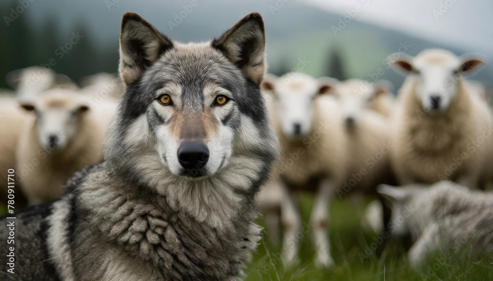 Fototapeta premium wolf locks eyes with camera amidst blurred sheep. Intense symbolism of leadership, individuality, and defiance