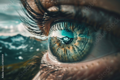 A close-up image of the human eye with the reflection of mountains