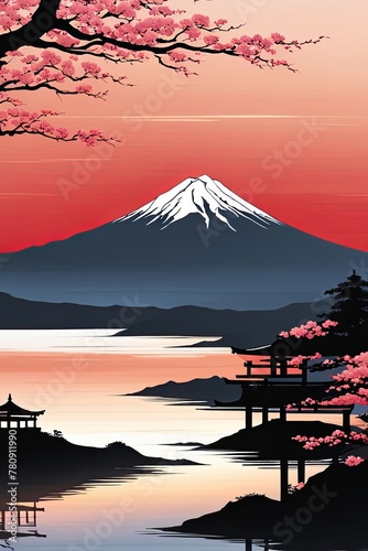Painting of japanese Mount Fuji at sunset. For meditation apps, on covers of books about spiritual growth, in designs for yoga studios, spa salons, illustration for articles on inner peace, banner.