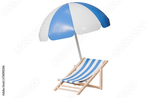 3d Beach chair and Umbrella icon. Summer tropical on a sunny day. Summer vacation concept, Time to travel concept. Minimal 3d Realistic Beach Umbrella icon creative design. 3d rendering illustration.