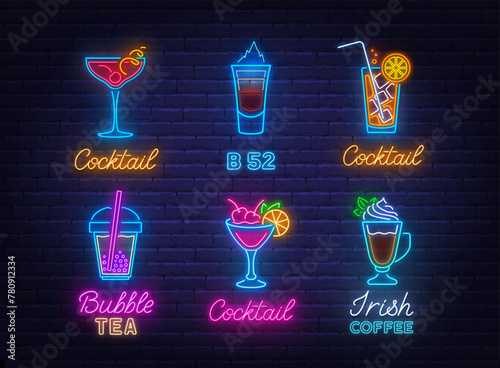 Cocktail Neon Sign Set on brick wall  background.