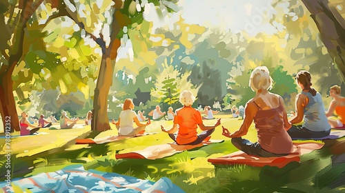 yoga at the park illustration. Generative AI