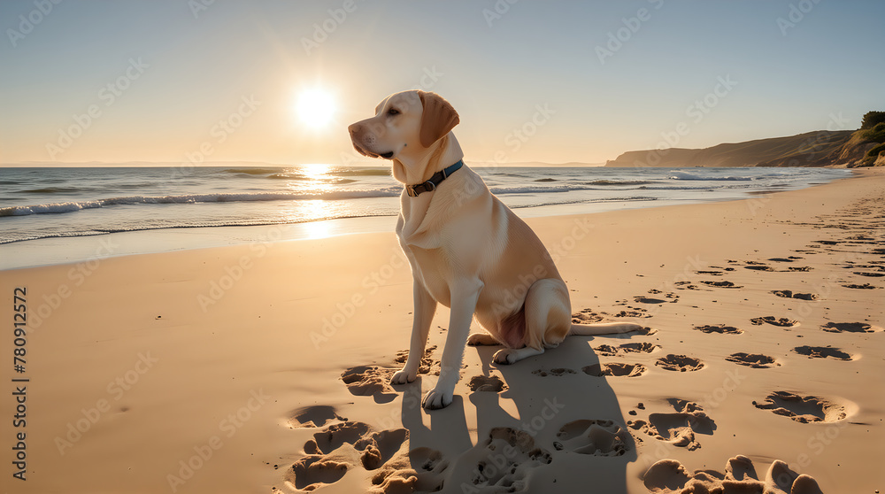 a Labrador Retriever sitting on a sandy beach, looking off into the distance with the ocean behind it and the sun setting on the horizon