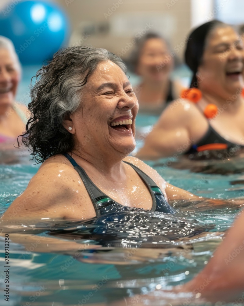 Fototapeta premium A group of women in a swimming pool laughing and smiling. Generative AI.