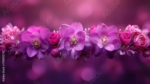   A cluster of pink flowers adjacent on a purple and pink backdrop with a blurred border of light