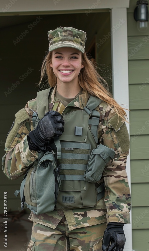 A woman in military uniform holding a cell phone and smiling. Generative AI. A woman in military uniform holding a cell phone and smiling. Generative AI.