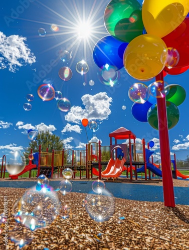 A playground with a colorful slide and balloons in the sky. Generative AI.