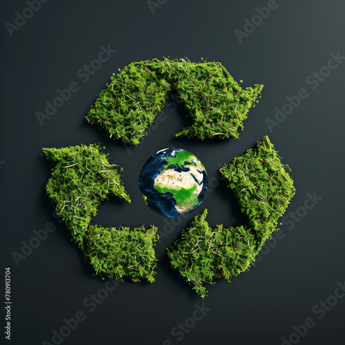 Abbiamo cura del pianeta. Simbolo del riciclo fatto d'erba. photo