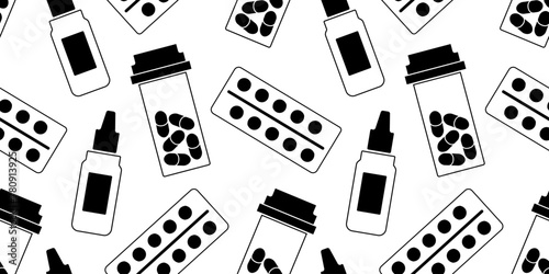 Medicine pattern - tablets, pills, nasal drops. Black silhouettes on a white background. Pharmacy, vitamins, drugs. Health. Packaging, pharmaceuticals. Black and white image. Vector illustration