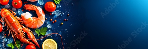 Lobster and shrimp banner with lemon, herbs, tomatoes and ice on blue background with space for text, fresh seafood