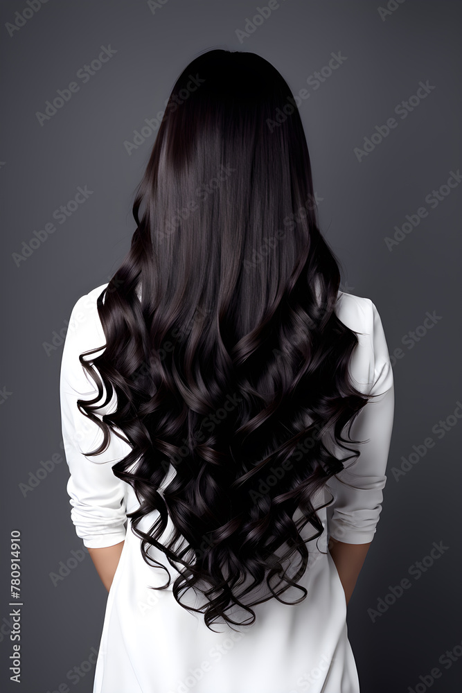 back view brunette with long curly flowing hair back view brunette with long curly flowing hair