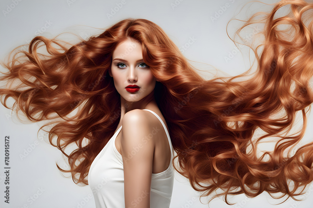 red-haired girl with long flowing hair, advertisment shampoo red-haired girl with long flowing hair, advertisment shampoo