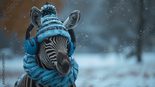 A zebra wearing headphones and a scarf in the snow. Generative AI. photo