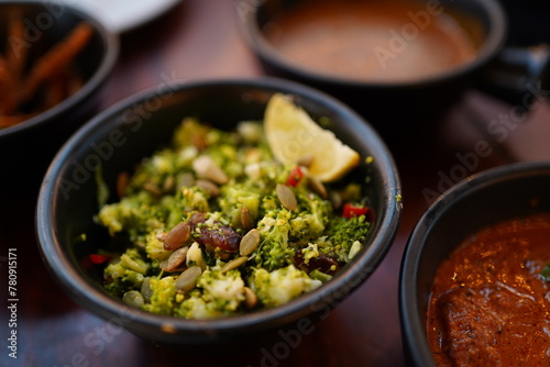 a bowl of chili broccoli salad 