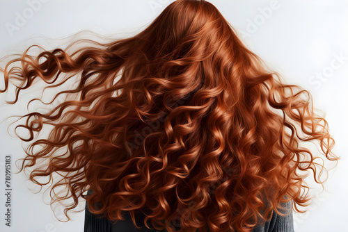 back view red-haired girl with long curly flowing hair