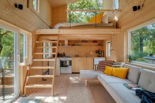 A tiny house with a loft and stairs. Generative AI. photo