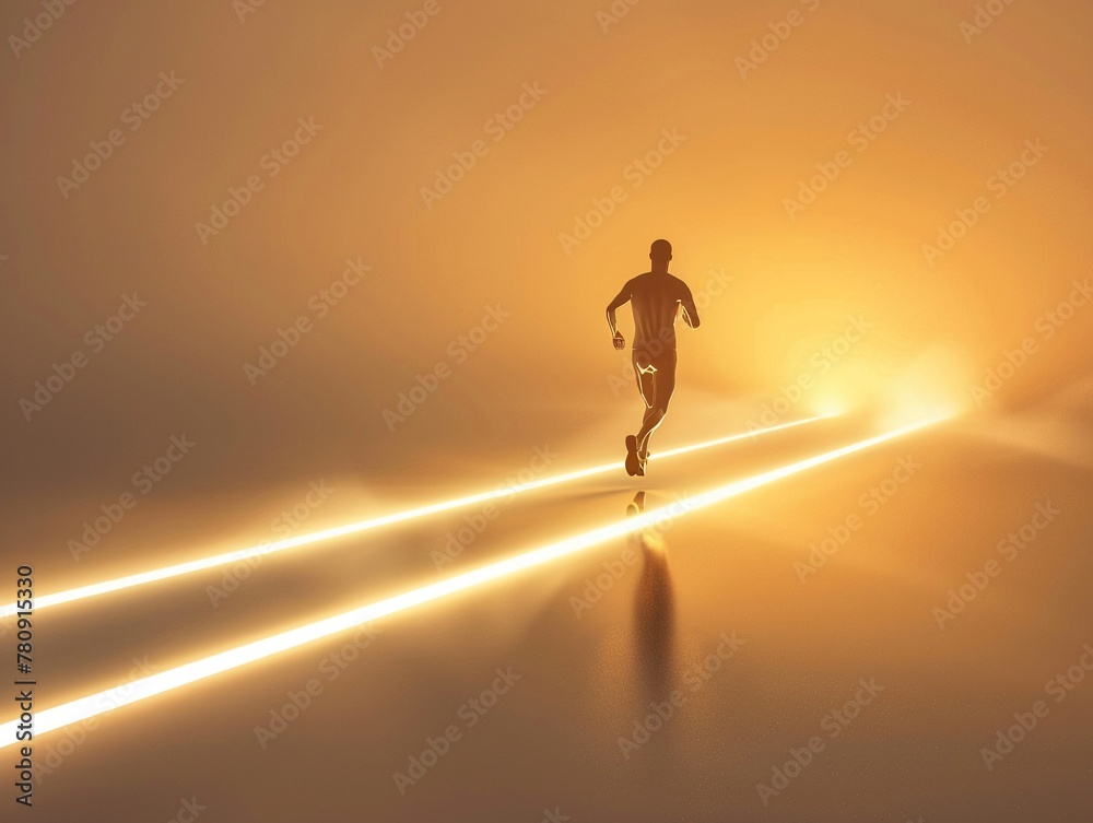 Runner crossing a finish line made of light, embodying personal progress, achievement, and the essence of success