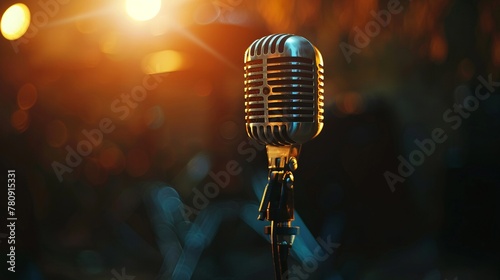 Retro microphone on stage, a relic of music history, ready to amplify another timeless performance photo