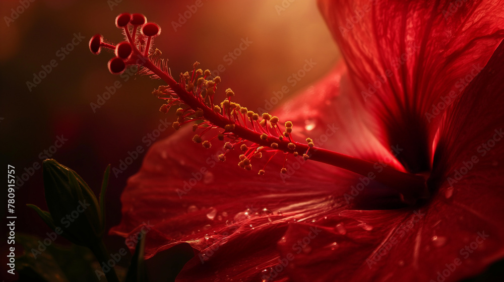 Zbliżenie na czerwony kwiat rośliny z gatunku Hibiscus - obrazy, fototapety, plakaty 
