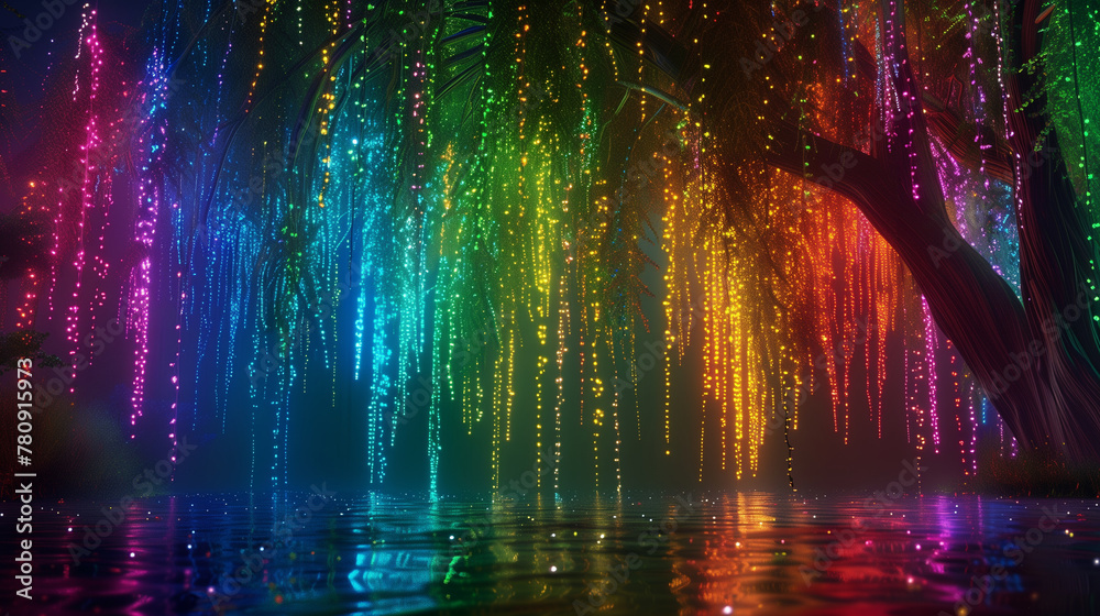 A Rainbow-Color Glowing Weeping Willow Tree Viewed at Night Reflected by Water - obrazy, fototapety, plakaty 