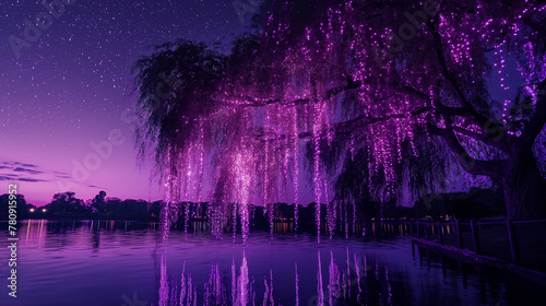 A Purple Glowing Weeping Willow Tree Viewed at Night Reflected by Water