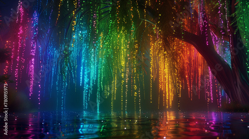 A Rainbow-Color Glowing Weeping Willow Tree Viewed at Night Reflected by Water