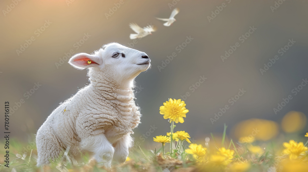 Obraz premium A white lamb in a yellow flower field, a small bird flies overhead