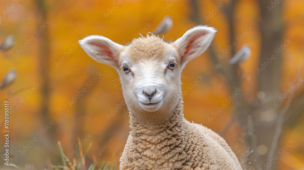   Close-up of a sheep in a field against trees with yellow leaves as foreground background