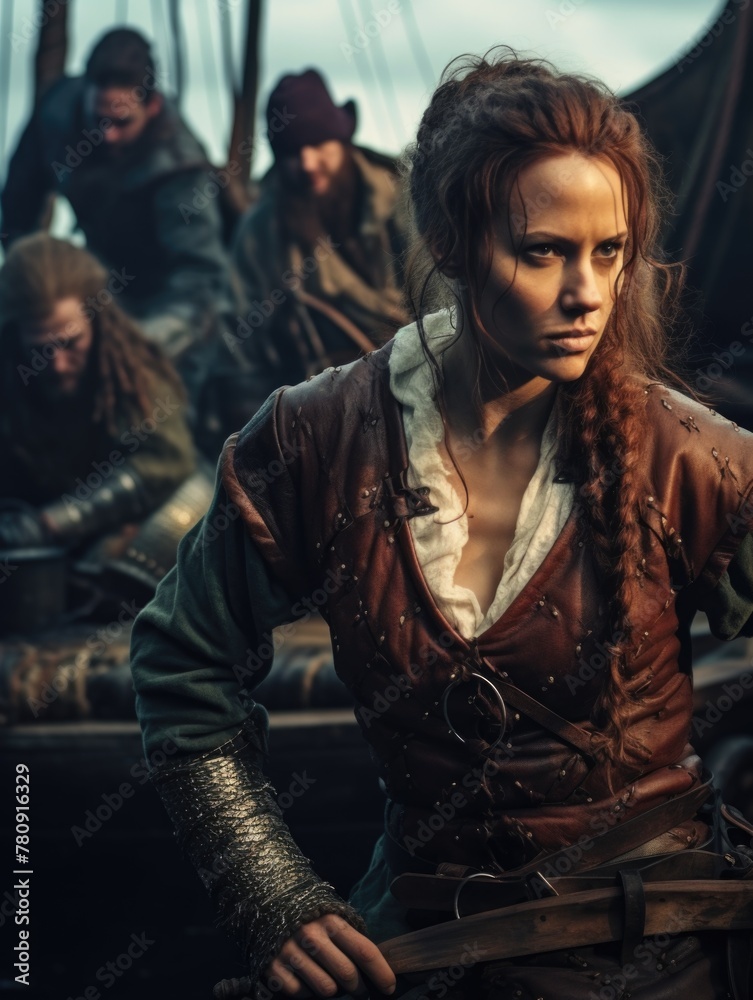 Fototapeta premium Bold female viking: a glimpse into the fierce world of Nordic shieldmaidens, showcasing strength, bravery, and the untold stories of Viking warrior women in the pages of history and myth.