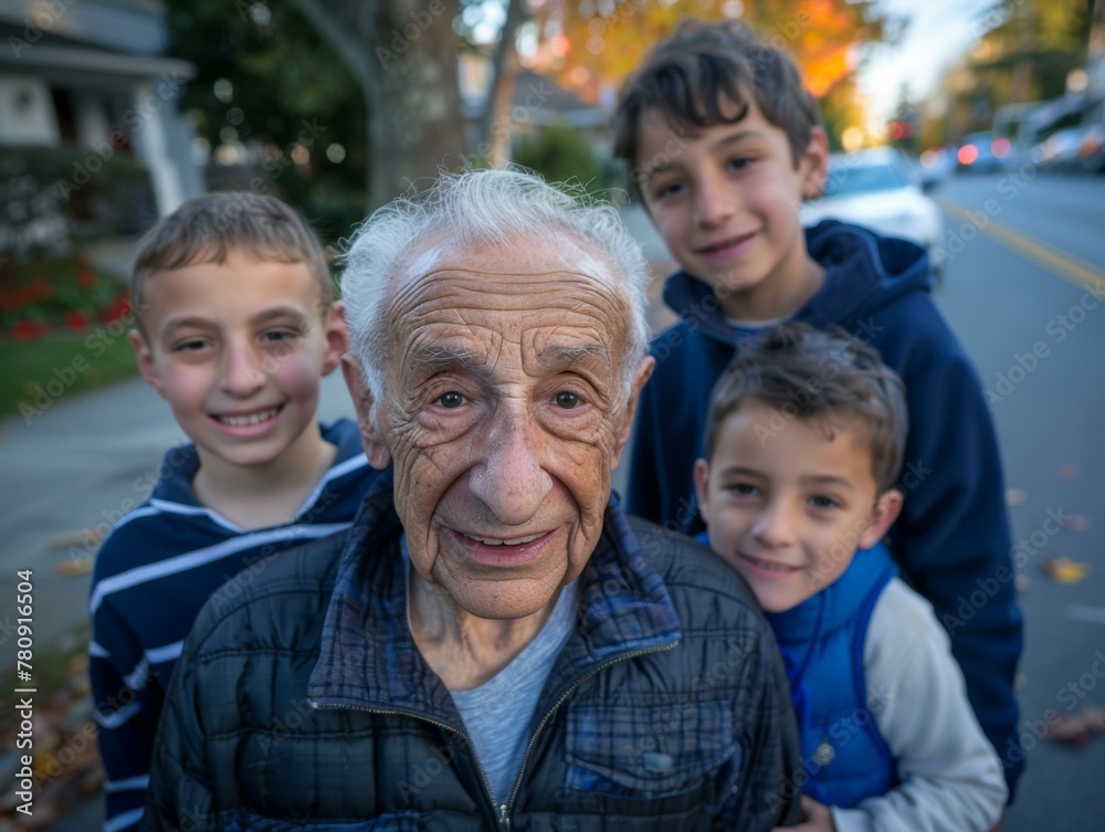 A man with a smile and three young boys standing on a street. Generative AI. A man with a smile and three young boys standing on a street. Generative AI.