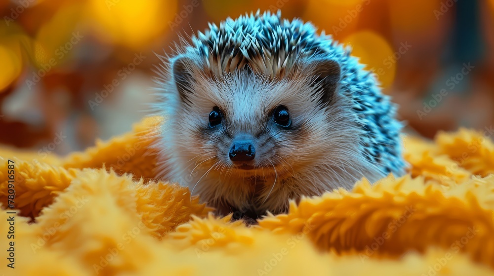 A tight shot of a tiny hedgehog atop a mound of yellow ruffles, surrounded by an out-of-focus backdrop A tight shot of a tiny hedgehog atop a mound of yellow ruffles, surrounded by an out-of-focus backdrop
