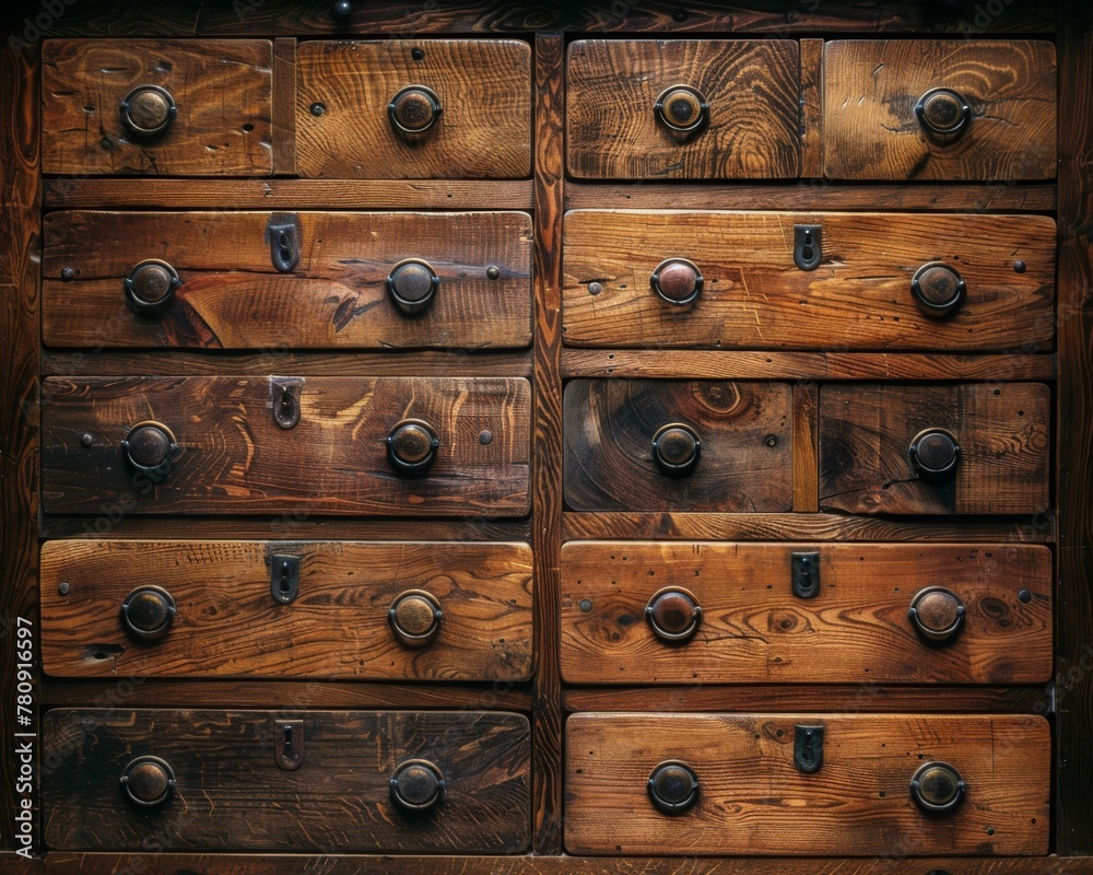 A close up of a wooden chest with many drawers. Generative AI. A close up of a wooden chest with many drawers. Generative AI.