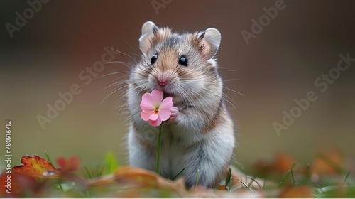   Hamster holds pink flower, gazes at camera with surprise © Anna