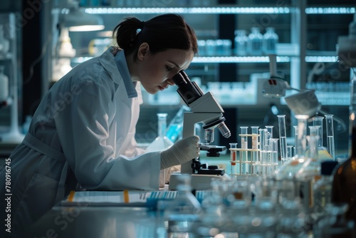 Young woman scientist looking under microscope in laboratory. Microbiologist working on medicine, microbiology research. Analysing biochemicals samples. Science and technology concept