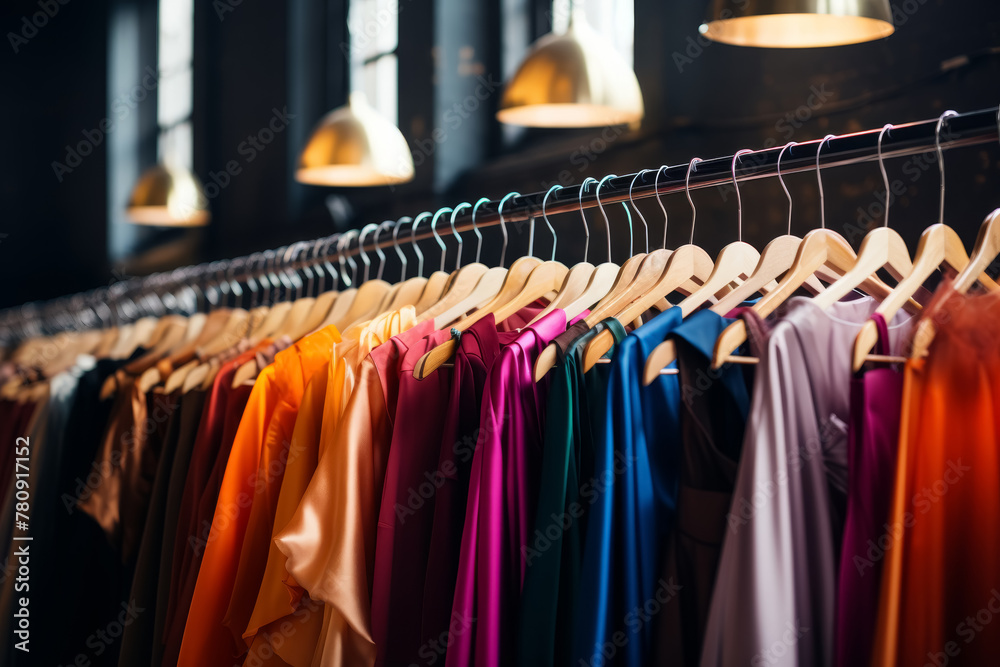 Row of colorful satin garments hanging on a rack with industrial lighting. Row of colorful satin garments hanging on a rack with industrial lighting.
