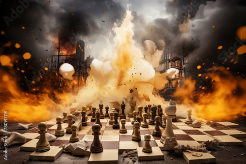 Dramatic chess war scene with explosions and debris on a chessboard cityscape