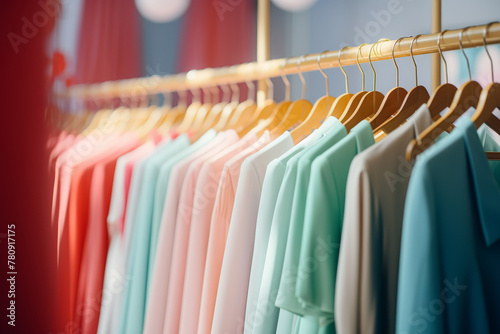 Row of colorful satin garments hanging on a rack with industrial lighting.